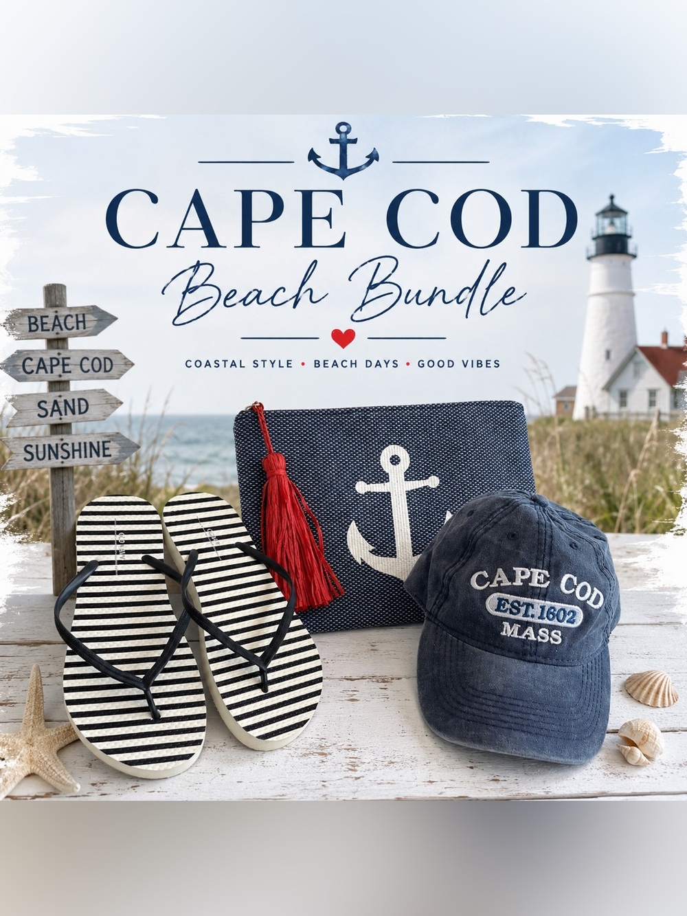 Beach Day Bundle - Old Navy Flip Flops + Cape Cod Hat + Nautical Clutch
